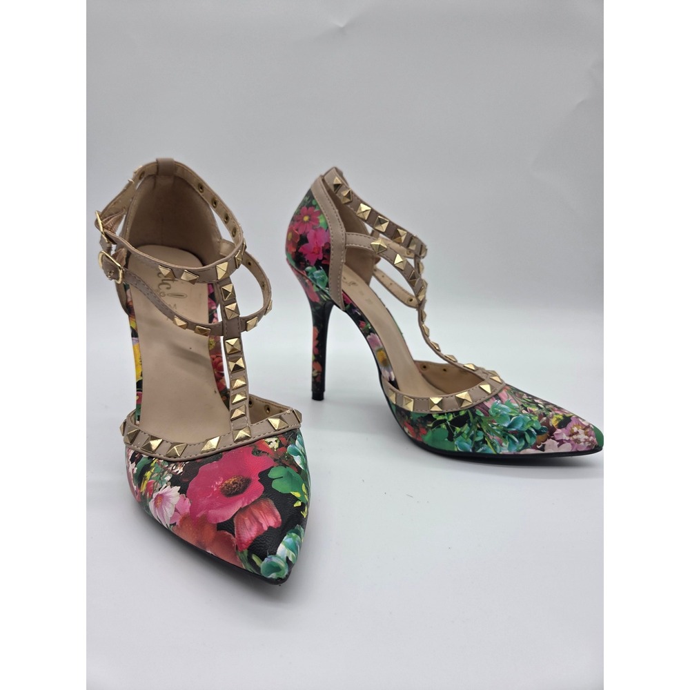 Womens Pumps 7/8M Multicolor‎ Excellent Floral Studded T-Strap Heels G